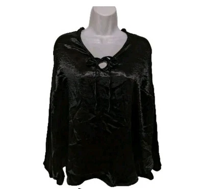 NUEVO CON ETIQUETAS AVA & VIV Blusa satinada manga larga para mujer 3X negra elegante #25 Foto 1 de 4