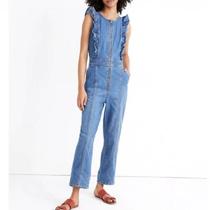 Mono retro Madewell para mujer 14 de mezclilla manga con volantes cremallera frontal azul jean - Imagen 1 de 7