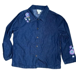 Vermont Country Store Floral Embroidery Denim Shirt Sz Medium Chore Prairie Farm - Picture 1 of 6
