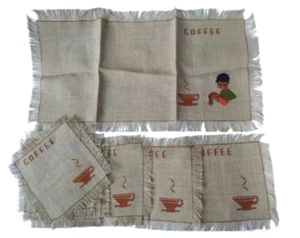 Juego de 7 manteles vintage de algodón de lino con flecos bordados de café arte popular - Imagen 1 de 12