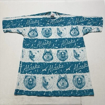 Camiseta De Colección Alaska Para Hombres Grande Oso Lobo Estampado Completo Puntada Única Informal Foto 1 de 4