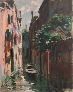 Pintura al óleo italiana vintage firmada por COSIMO PRIVATO c1962 VENECIA canal y barco - Imagen 1 de 3
