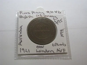 Centavo 1921 raro inglés Die London variedad mejor 6 perlas AVF moneda escasa #21.V2 - Imagen 1 de 5