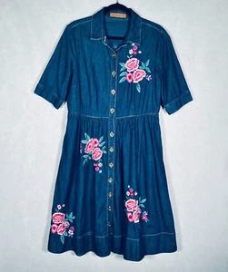 Eshakti Dress Womens L Blue Denim Embroidered Button Up Midi Western - Picture 1 of 15