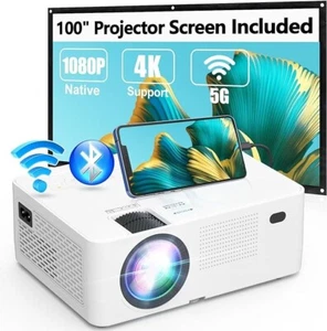 5G WiFi Bluetooth Projector HD Native 1080P Projector 13000L 120' screen include - Picture 1 of 3
