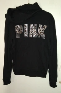 Victoria's Secret PINK Dog Logo Leopard Sequins Bling Black Full Zip Hoodie S - Picture 1 of 3
