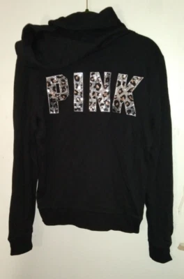 Victoria's Secret ROSA Perro Logo Leopardo Lentejuelas Bling Negro Cremallera Completa Sudadera con Capucha S Foto 1 de 3