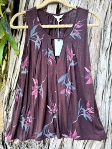 Lucky Brand NWT Women's Brown Floral Sleeveless Keyhole Summer Boho Top Size S - Picture 1 of 6