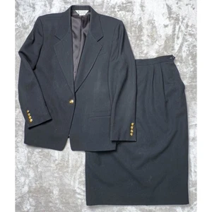 Austin Reed Black Wool Gold Two Button Blazer Matching Skirt Suit Womens 12 - Picture 1 of 22