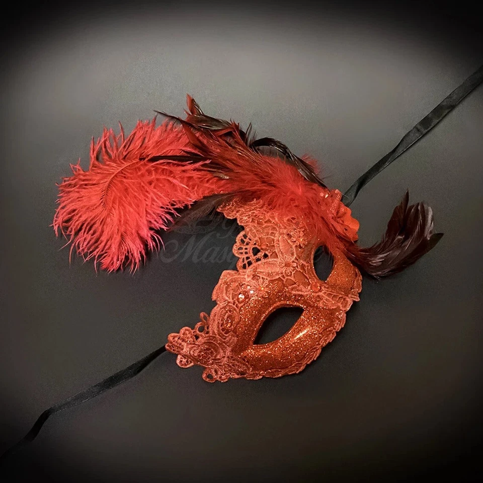 Brocado Veneciano Encaje Mardi Gras Baile de graduación Mascarada Máscara con Plumas [Rojo] Foto 1 de 4