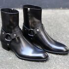 Men's Bespoke Ankle High Black Madrid Straps With Side Zipper Leather Boots