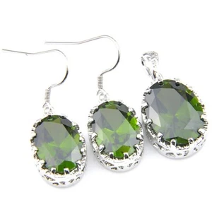 Fire Oval Olive Peridot Gem Silver Necklaces Pendants Drop Earrings Jewelry Sets - Picture 1 of 10