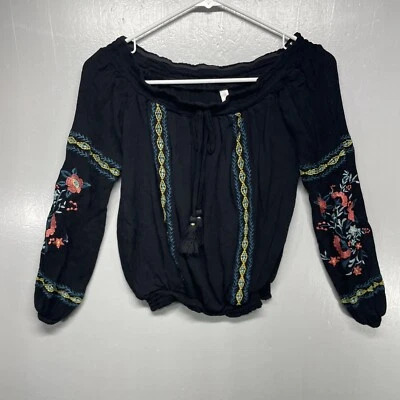 Camisa túnica campesina XHILARATION para mujer talla XS negra bordada hombro frío Foto 1 de 4