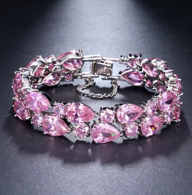 Brazalete de cristales de circonita cúbica rosa corte pera talla 7,5 pulgadas chapado en oro blanco de 14K Foto 1 de 4