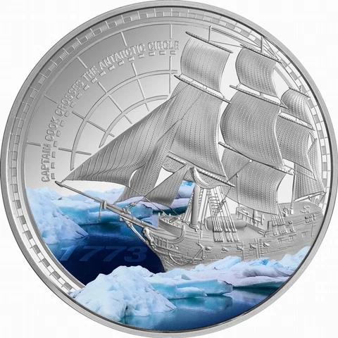 Niue 2023 Captain James Cook Tall Ship Antarctic Circle $1 1 Troy Oz Pure Silver Cover