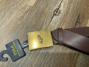 POLO RALPH LAUREN Cintura Uomo Pony Logo Placca Fibbia Ottone Pelle, MARRONE Tg 32 - Foto 1 di 3