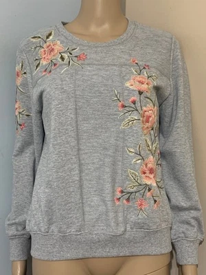 ALFRED DUNNER PM Gray Pink French Terry Floral Embroidered SWEATSHIRT TOP - Image 1 of 4