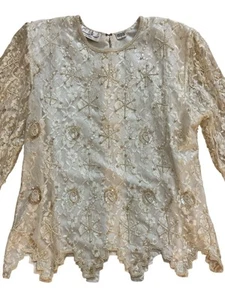 Camicetta vintage Laurence Kazar avorio donna perline pizzo paillettes taglia L manica lunga - Foto 1 di 15