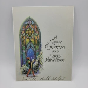 Vintage Merry Christmas Happy New Year Stained Glass Greeting Card - Picture 1 of 5