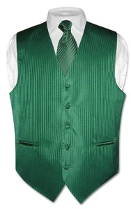 Men's Dress Vest NeckTie EMERALD GREEN Vertical Striped Design Neck Tie Set M - Picture 1 of 5