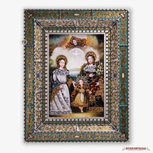 Heilige Familie, Replik Gemälde auf Holz aus Peru, handbemalte Kunst Glasrahmen - Bild 1 von 10