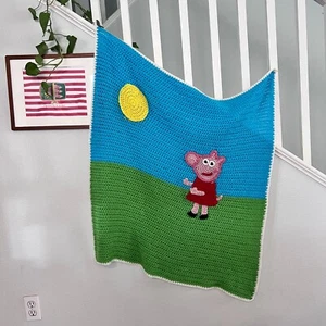 Handmade Crochet Peppa Pig Baby Blanket Novelty Kitsch Kidcore Toddler New - Picture 1 of 5