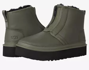 UGG Neumel Low Platform Zip Boots Ankle Booties Green Leather Fur Lining Size 10 - Picture 1 of 7