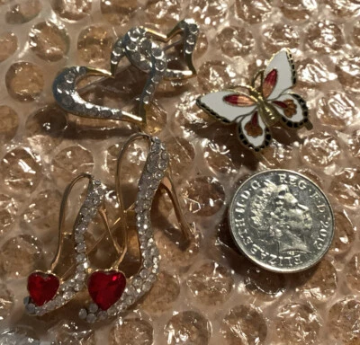 Diamanté Enamel Butterfly / Red Shoe / Heart Broaches X 3 Preloved Valentine Vgc - Image 1 of 4