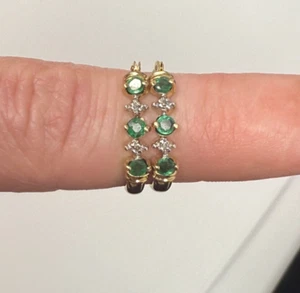 Emerald & Diamond Accent Hoop Earrings 10K Gold - Picture 1 of 6
