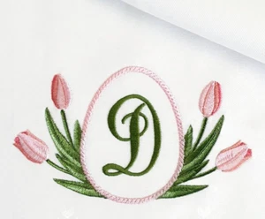 Easter egg frame with tulips Spring Embroidered Cloth 6 White Napkins - Picture 1 of 3