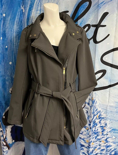 Cappotto Michael Kors verde oliva scuro asimmetrico zip oro cerniere cintura Lg