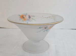 VINTAGE LANCASTER GLASS BOWL FROSTED SATIN PAINTED FLOWERS GOLD TRIM PEDESTAL - Picture 1 of 6