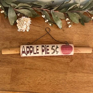 Vintage Wood Rolling Pin Sign Wall Hanging “Apple Pie 5 Cents” - Picture 1 of 10