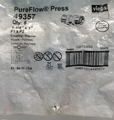 5 Pack Viega 49357 PureFlow Press Polymer Coupling 1-1/4" x 1" P1 x P2 - Image 1 of 2