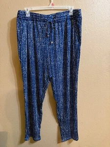 ROBERT LOUIS WIDE TAPERED LEG PANTS SZ 3X NAVY BLUE WHITE PRINT STRETCH PULL ON - Picture 1 of 3