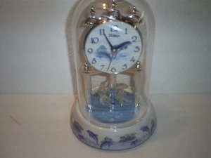 Beautiful Waltham Dolphin Anniversary Clock Glass Dome Porcelain Base & Dial - Picture 1 of 4