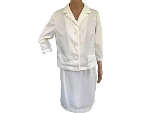 Vintage 60s 70s Skirt Set Off White Polyester Jacket Butte Knit M 27 waist - Picture 1 of 7
