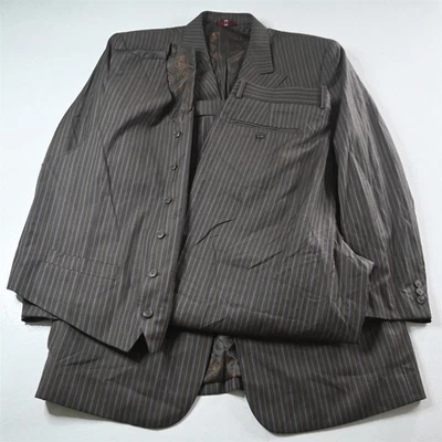 Phat Farm 44R 36x30 Marrón Rayas 3 Piezas Chaleco Hombres Chaqueta Pantalones Traje Foto 1 de 4