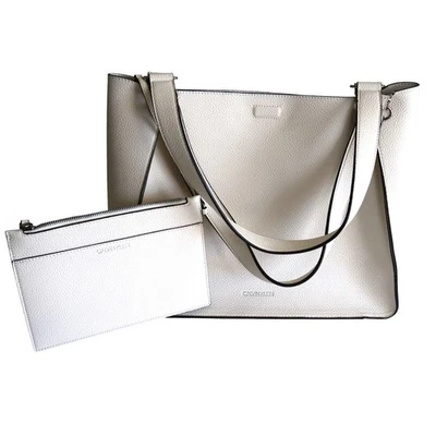 Calvin Klein Womens Estelle Novelty Satchel Zip Pouch White Faux Leather Tote - Image 1 of 4