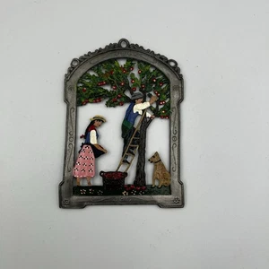 Vintage Hand Guss German Pewter Hanging Ornament Hand Painted Apple Picking Dog - Picture 1 of 7