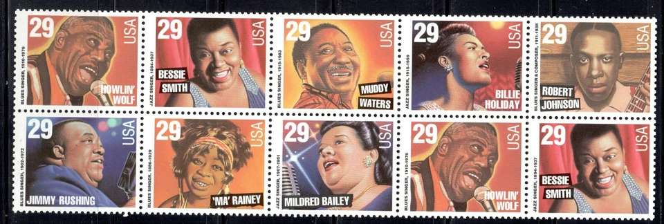 #2854-61  1994 29-cent Blues and Jazz Singers se-tenant strip of 10 MNH - Image 1 of 1