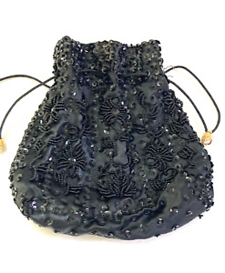 Black Evening Handbag Sm 6.5" x6.5' Drawstring Beaded and Sequined  satin lined