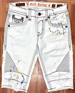Rock Revival Rodd White Distressed Paint Splatter Jean Shorts 32 - Picture 1 of 6