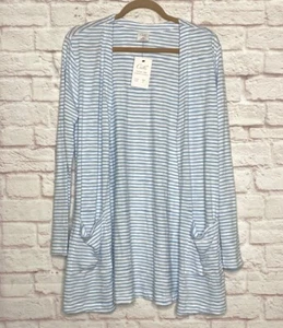 Medium/Large New White Baby Blue Stripes Cotton Print Long Cardigan Sweater - Picture 1 of 14