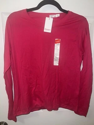Camiseta para mujer Hanes manga larga cuello redondo 100 % algodón rosa chisporroteante PEQUEÑA Foto 1 de 4
