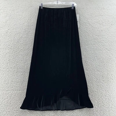 MSK S Black Velvety Velour Elastic Waist Maxi Skirt Long Flare Ruffle Trim Y2K - Image 1 of 4