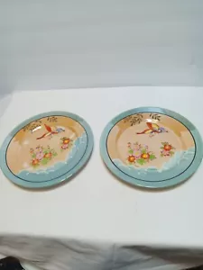 2 Butterfly Japanese Lustre Ware Hand Painted Luncheon Plates 7 1/2 inches Vtg - Picture 1 of 13