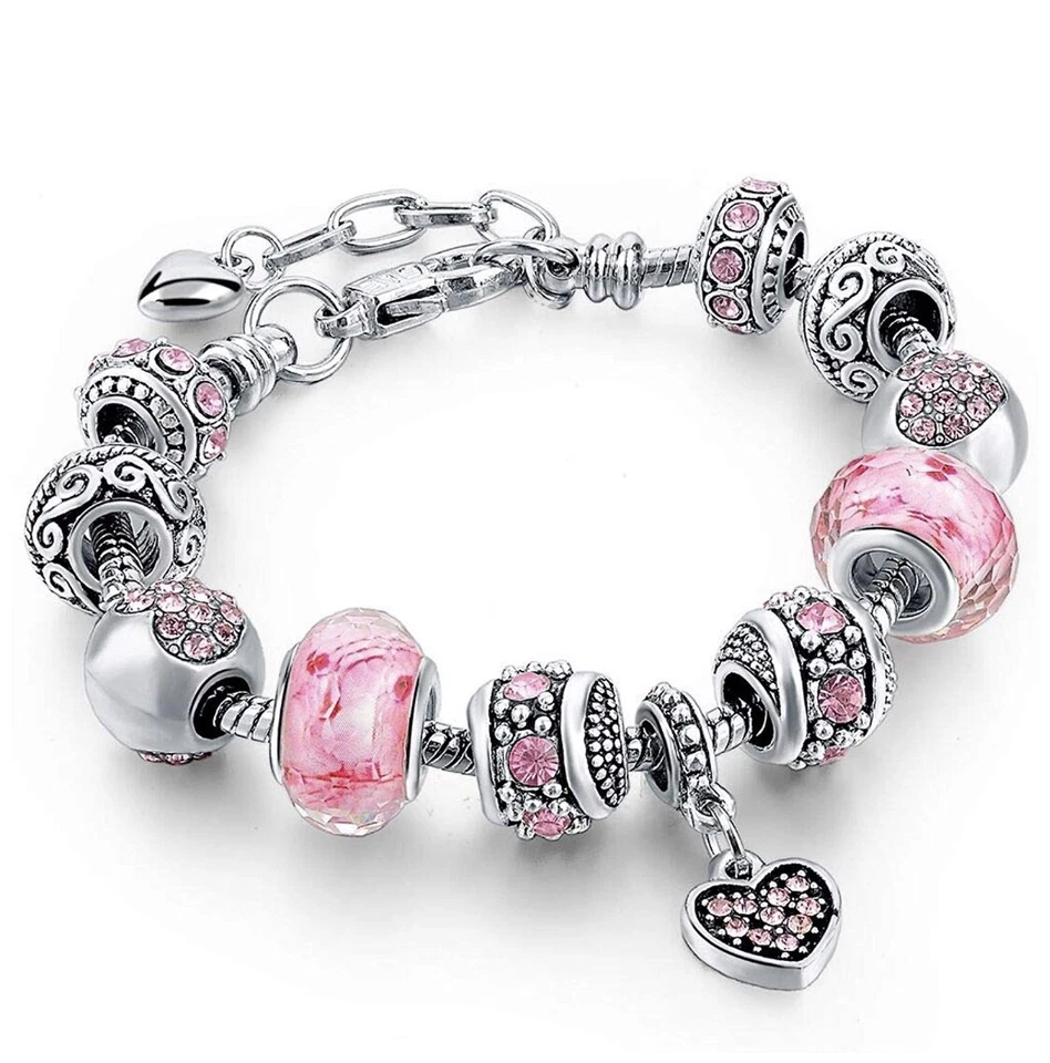 Pulseira Berloque Murano Banhada a Ouro 18K Coração Rosa CZ Feita com Elementos Swarovski - Imagem 1 de 3