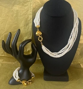 Vintage Multistrand Pearl Convertible Necklace Bracelet w/Gold Tone Heart Clasps - Picture 1 of 23