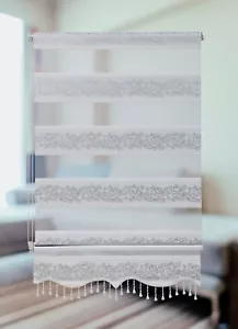 Doppelrollo Klemmfix Duo Rollo ohne Bohren Weiss mit Rankenmuster Perlen Gardine - Bild 1 von 8